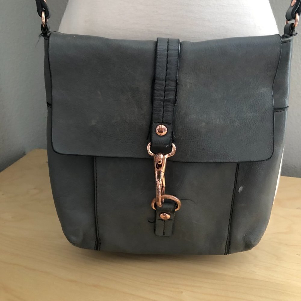 KOOBA Leather Crossbody Saddle Bag Distressed Gray & Rose Gold - Picture 7 of 12
